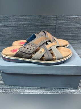 Spring Step Hazman Leather Casual Brown/Blue Multi-Texture Slide Sandals 10.5-11